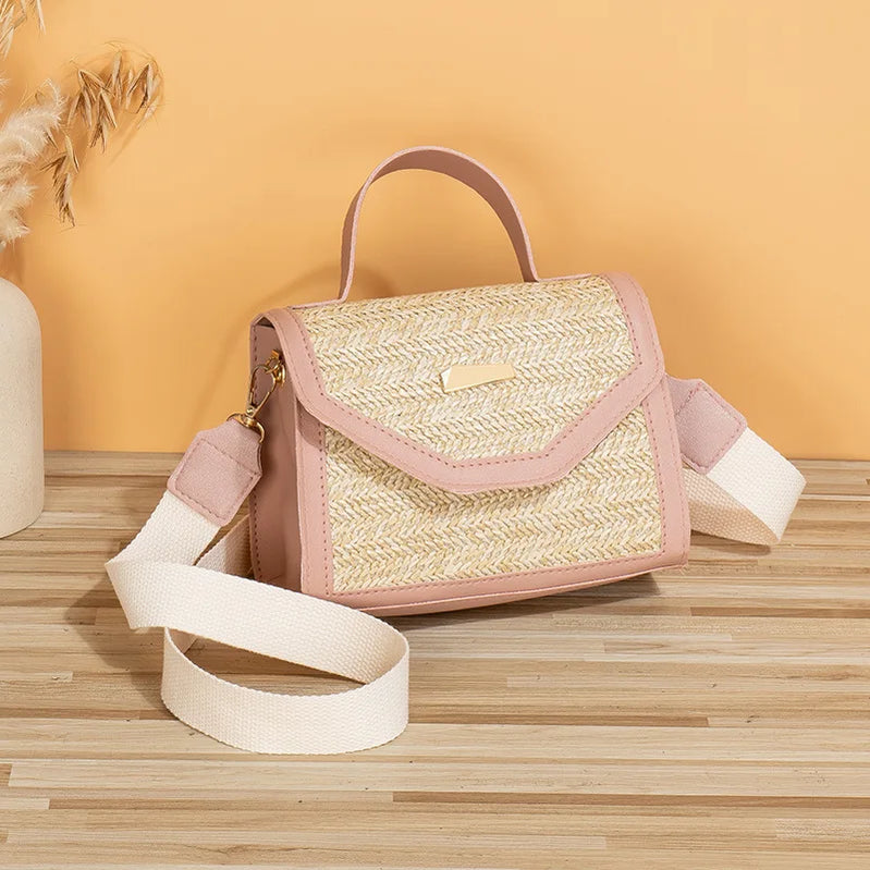 Straw Woven Handbag, Trendy and Fashionable, Simple Woven Sequin Decoration, Cross Body Small Square Bag Bags for Women Pink