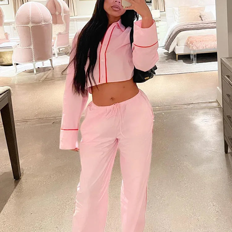 TRAFZA Woman New Fashion Suits Pink Turn-Down Collar Long Sleeves Single Breasted Short Shirts+Mid Waist Lace-Up Wide Leg Pants