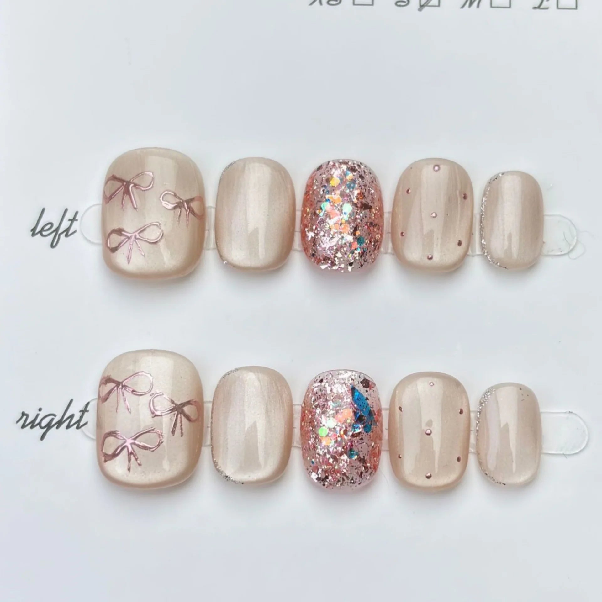 10pcs Cat's Eye Handmade Fake Nail Tips with Bow Flower Brown Short Square Round False Nails Art Wearable Pearl Press on Nails