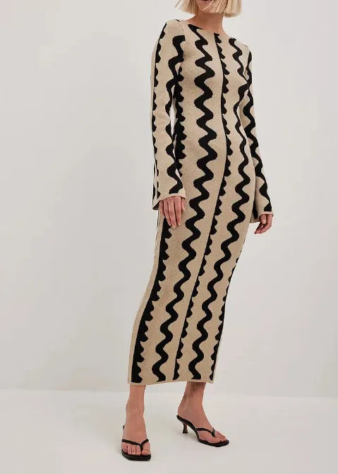 Striped Knitted O-neck Long Sleeve Midi Dresses Elegant Women Bodycon A-line Vestidos Female Fashion Casual Street Maxi Clothes CYC1327-ZT