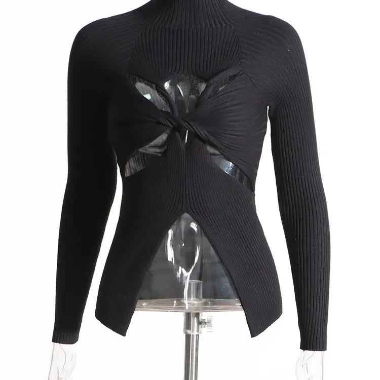 Slimming Crisscross Hollow Out Knitting Sweaters For Women Round Neck Long Sleeve Solid Casual Chic Sweater Female