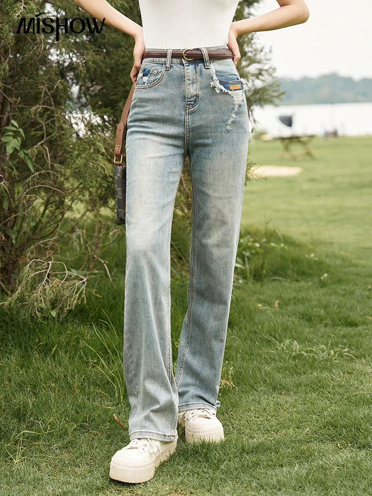 Women's Straight Leg Jeans Summer Denim Retro High Waist Contrast Color Pockets Dilapidated Casual Pants