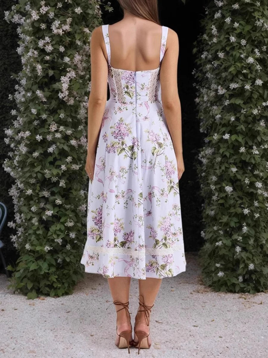 TWOTWINSTYLE Printing Hollow Out Spliced Lace Elegant Dresses for Women Square Neck Sleeveless Patchwork Pockets Dress Female