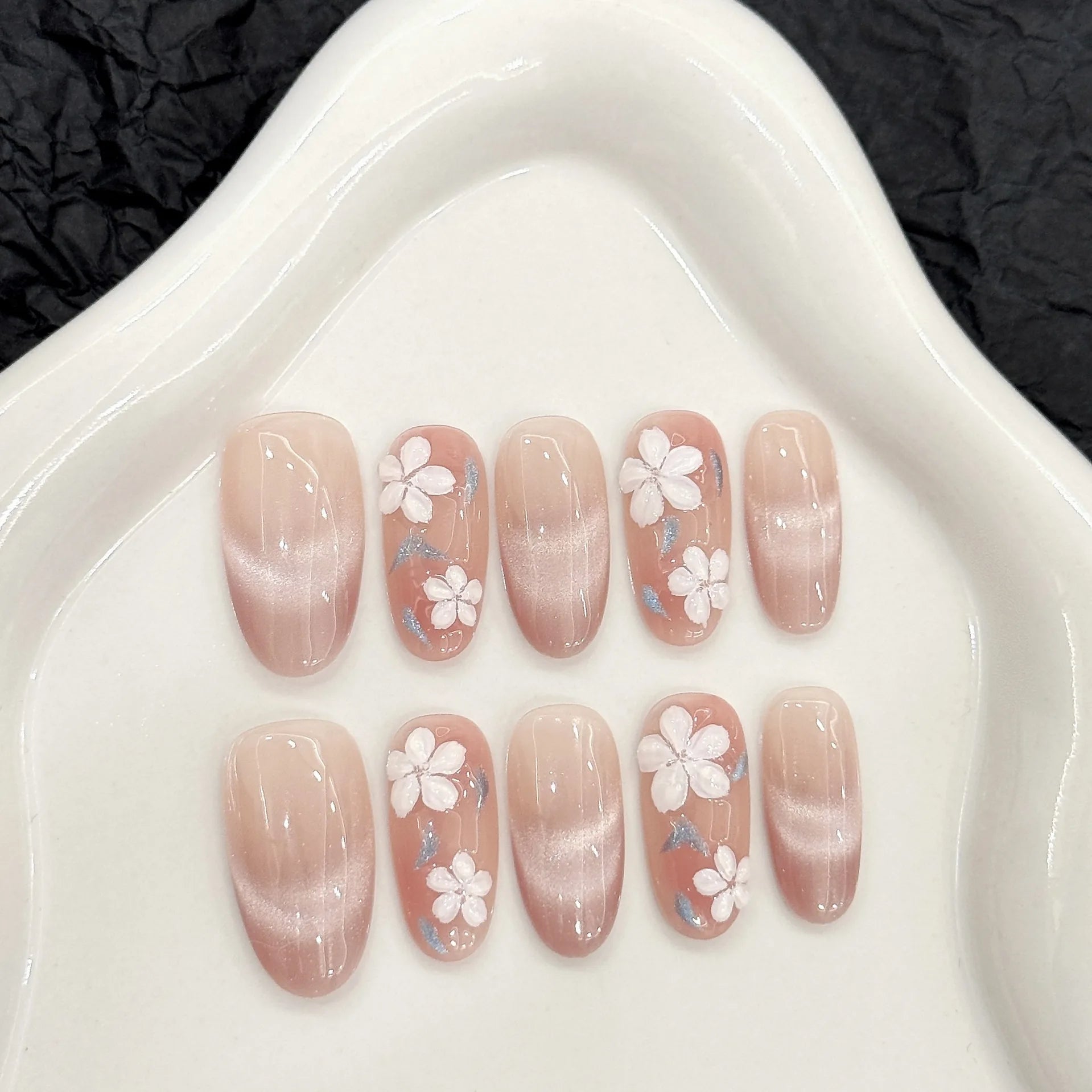 10pcs Wearable Pink Handmade Press on Nails Summer Flower Design Mid-length Oval Fake Nails Tips Cat's Eye French False Nail Art