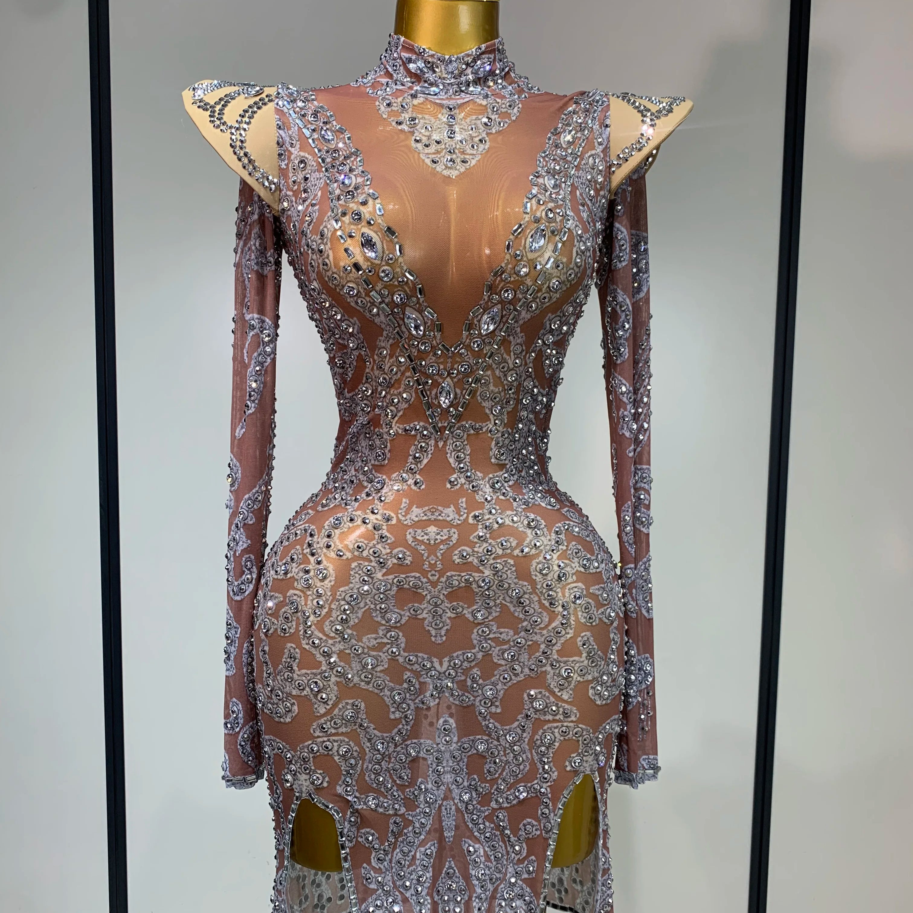 Women Shiny Rhinestones Mesh Transparent Mini Dress Luxury Birthday Celebrate Photoshoot Dress Singer Stage Drag Queen Costume