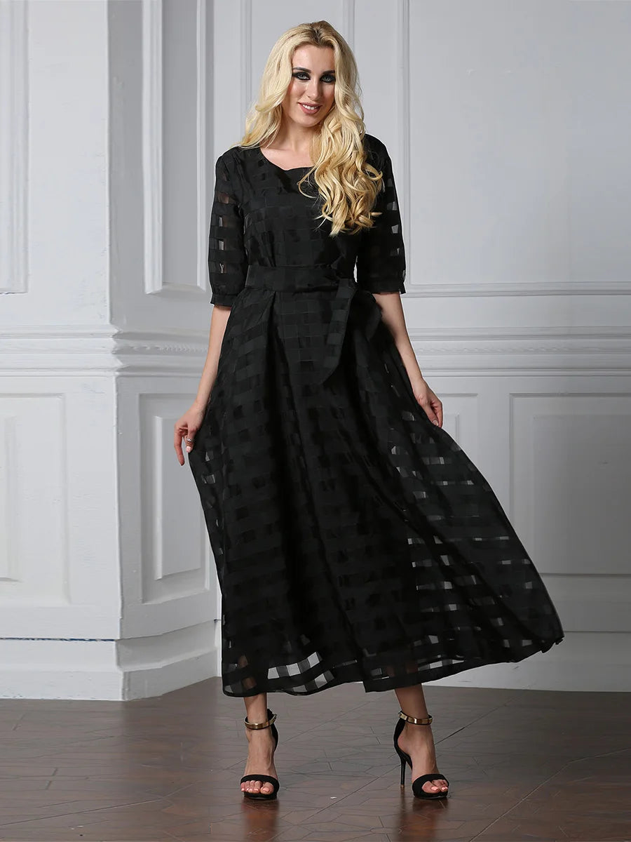 Stylish Muslim Femininity Elegant plus-size women's dress Dubai Arabian vintage summer dress slim A-line plaid dress