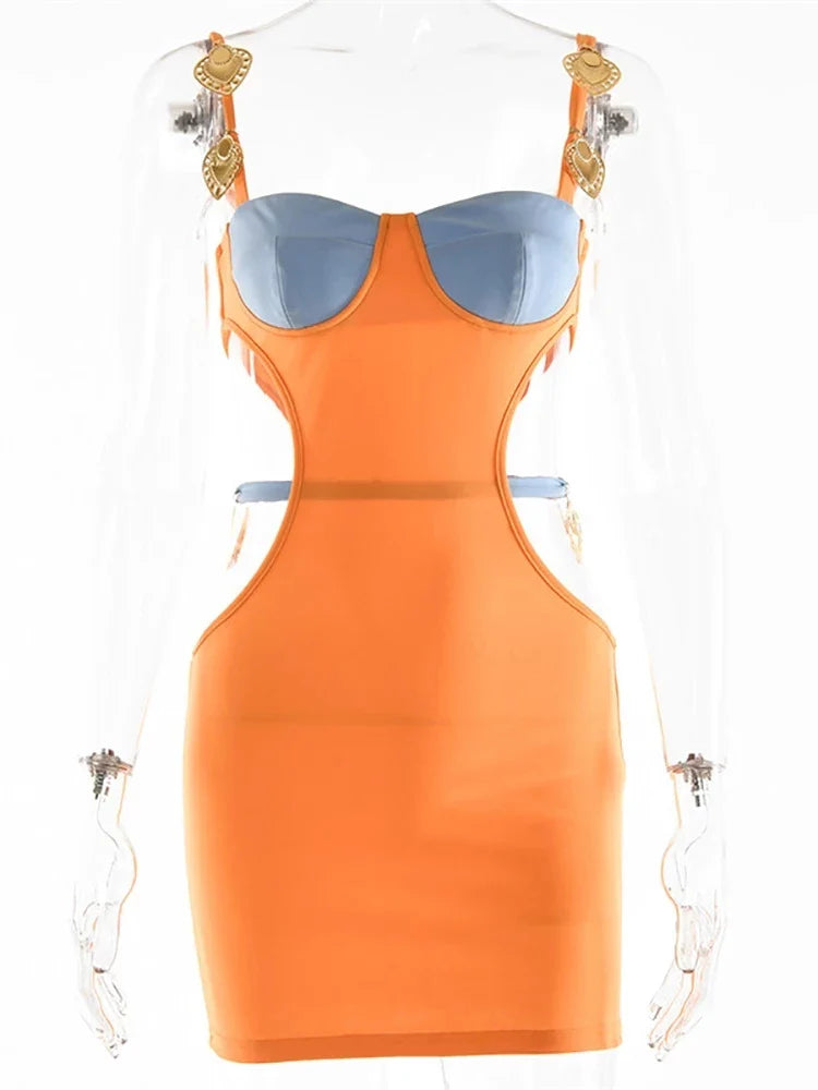 Articat Metal Shell Spaghetti Strap Women Dress Orange Patchwork Hollow Out Maxi Dress Female Skinny Elegant Party Clubwear 2022