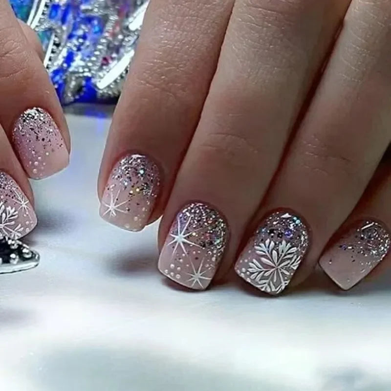 24Pcs Winter Collection Press on Nails Silver Glitter Gradient with White Snowflake and Four-Pointed Star Perfect Gift for Girls