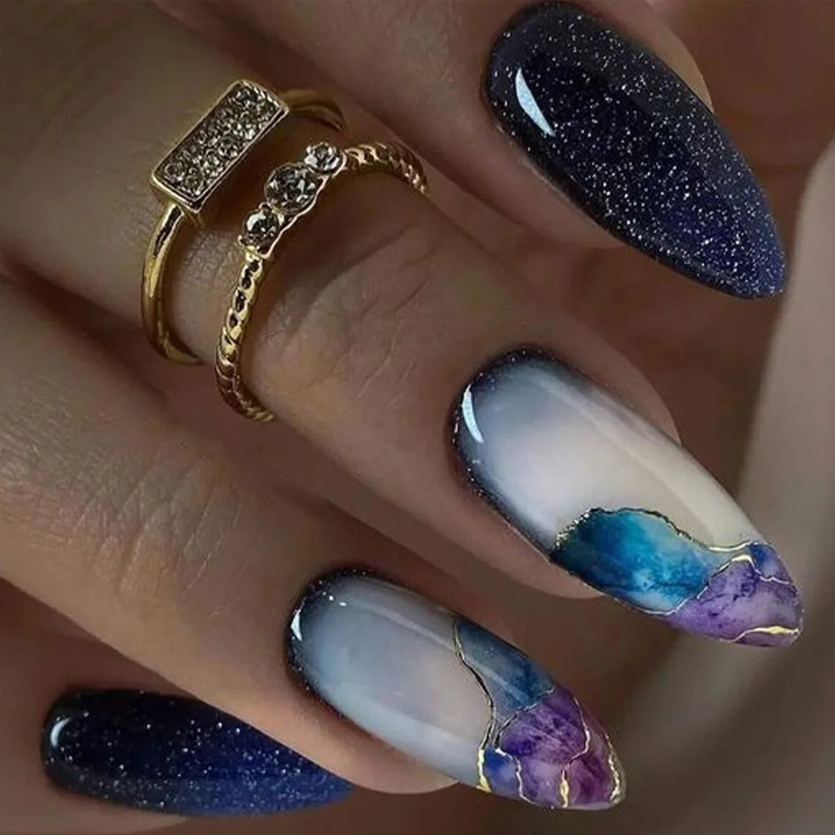24pcs/set short sqaure almond fake nails geometric aurora gradient heart glitter designs faux ongles press on acrylic false nail