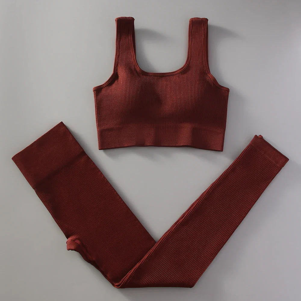 2Pcs White Yoga Clothing Sets Women High Waist Leggings Set Seamless Tracksuit Fitness Workout Outfits Gym Wear Girls Top brown CHINA