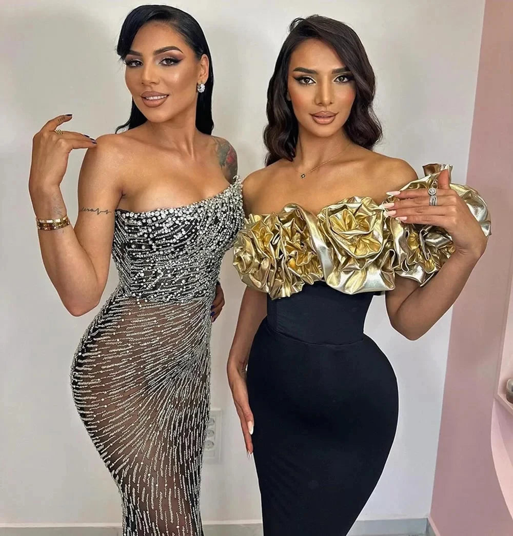 Stereoscopic Gloden Flowers Sexy One Shoulder Ankle Lenght Bandage Dress Woman Birthday Party Vestido Celebrity Party Outfit