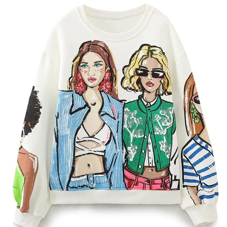Women Fashion Modern Ladies Print Loose Fleece Sweatshirts Female O Neck Long Sleeve Hoodies Chic Pullovers Tops H2840