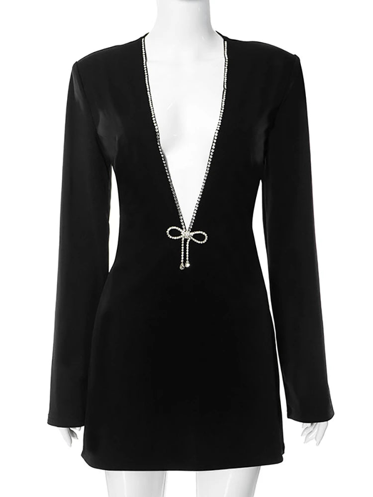 Sexy Deep V-neck Diamonds Sparkling Women Dress Black Long Sleeve Evening Dress Autumn Slim Elegant Party Clubwear
