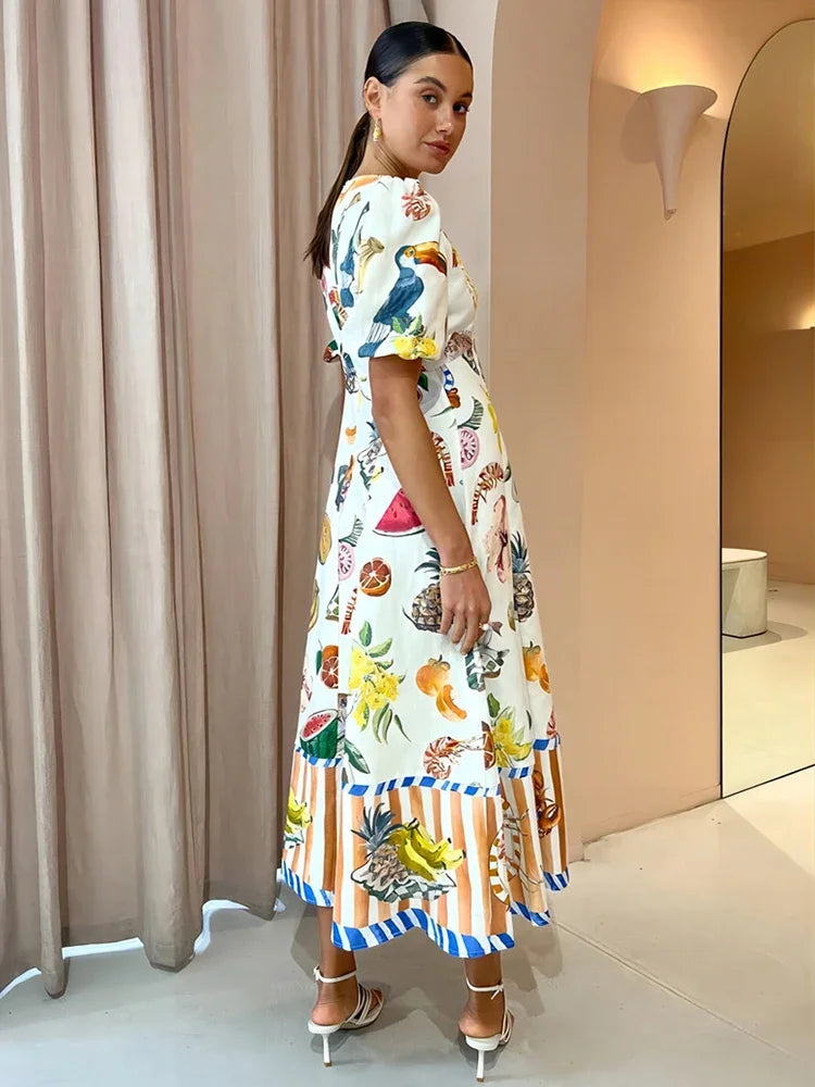 Holiday Beach Style Fruit Maxi Dresses NEW Summer Trendy and Unique Graffiti Print Bodycon Versatile Dress for Women