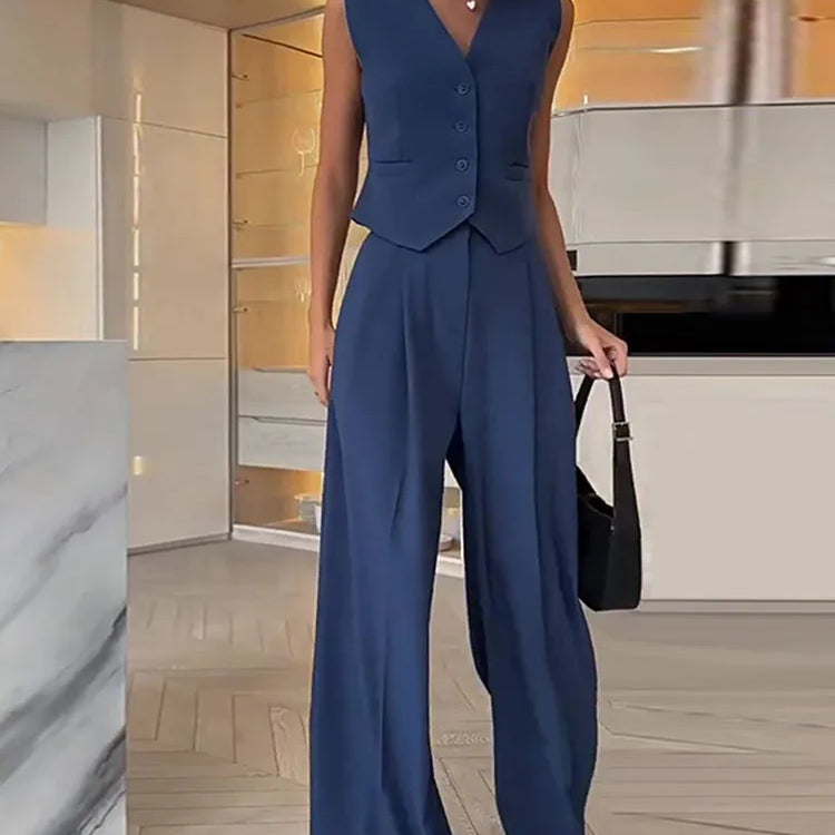 New Two Piece Wide Leg Pants Set Women's Spring New V-Neck Sleeveless Vest with Hanging Wide Leg Pants Casual Set