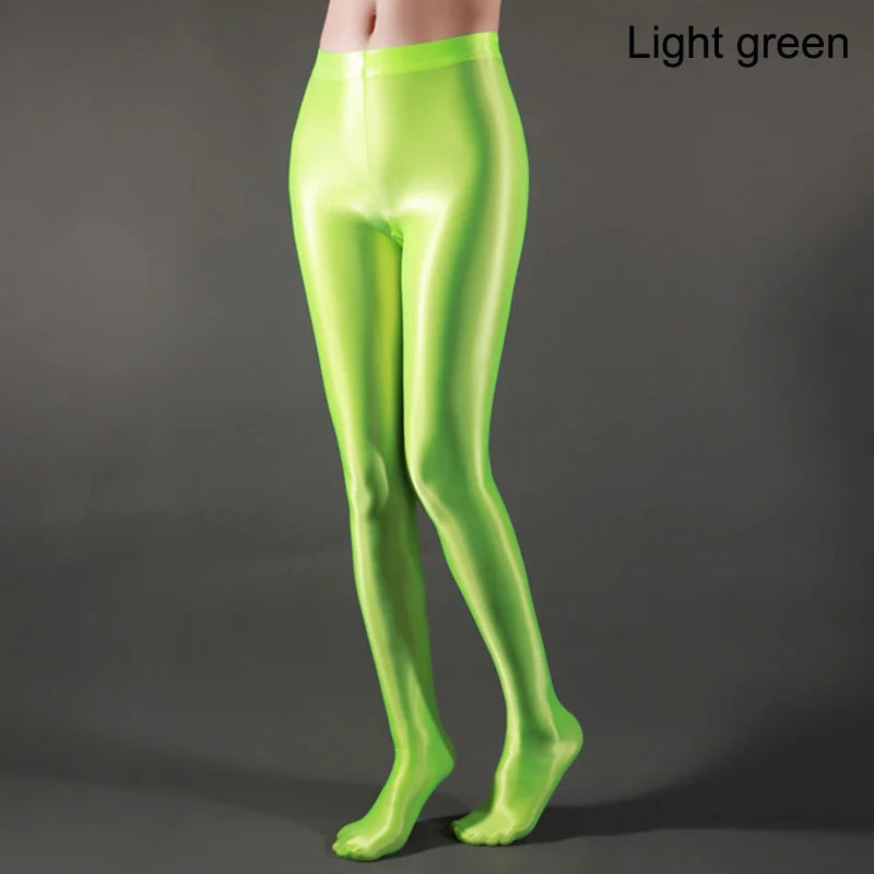 Colorful Satin Glossy Pantyhose Sexy Stockings Shiny Yoga Pants Leggings Sport Tights Women Fitness High Waist Tights Light Green
