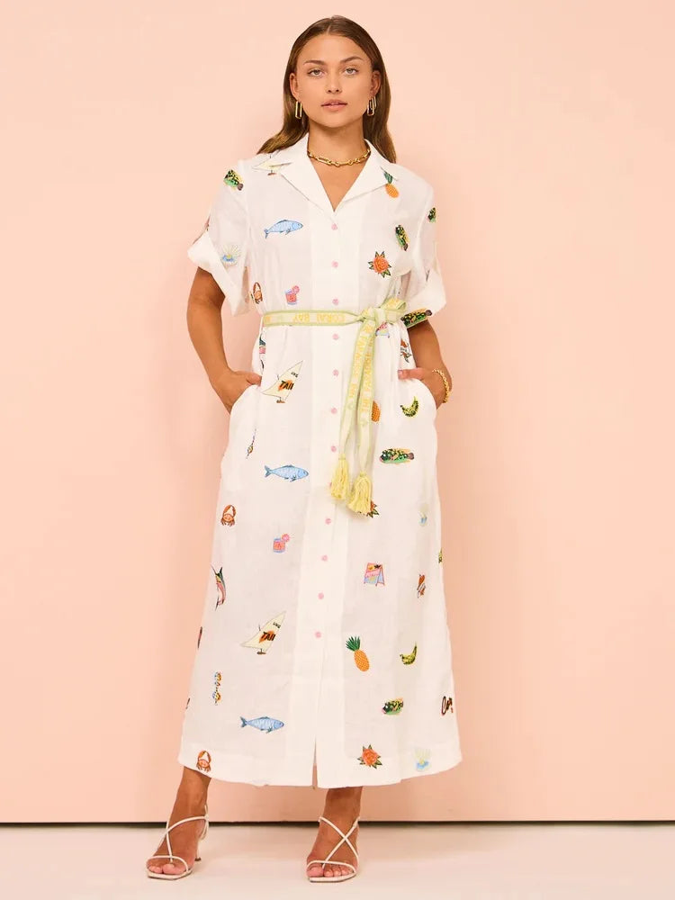 Trend Summer Fashion Print Elegant Women Lace Up Midi Dress Vintage Short Sleeves Chic Female Split Dresses Vestidos Mujer Beige