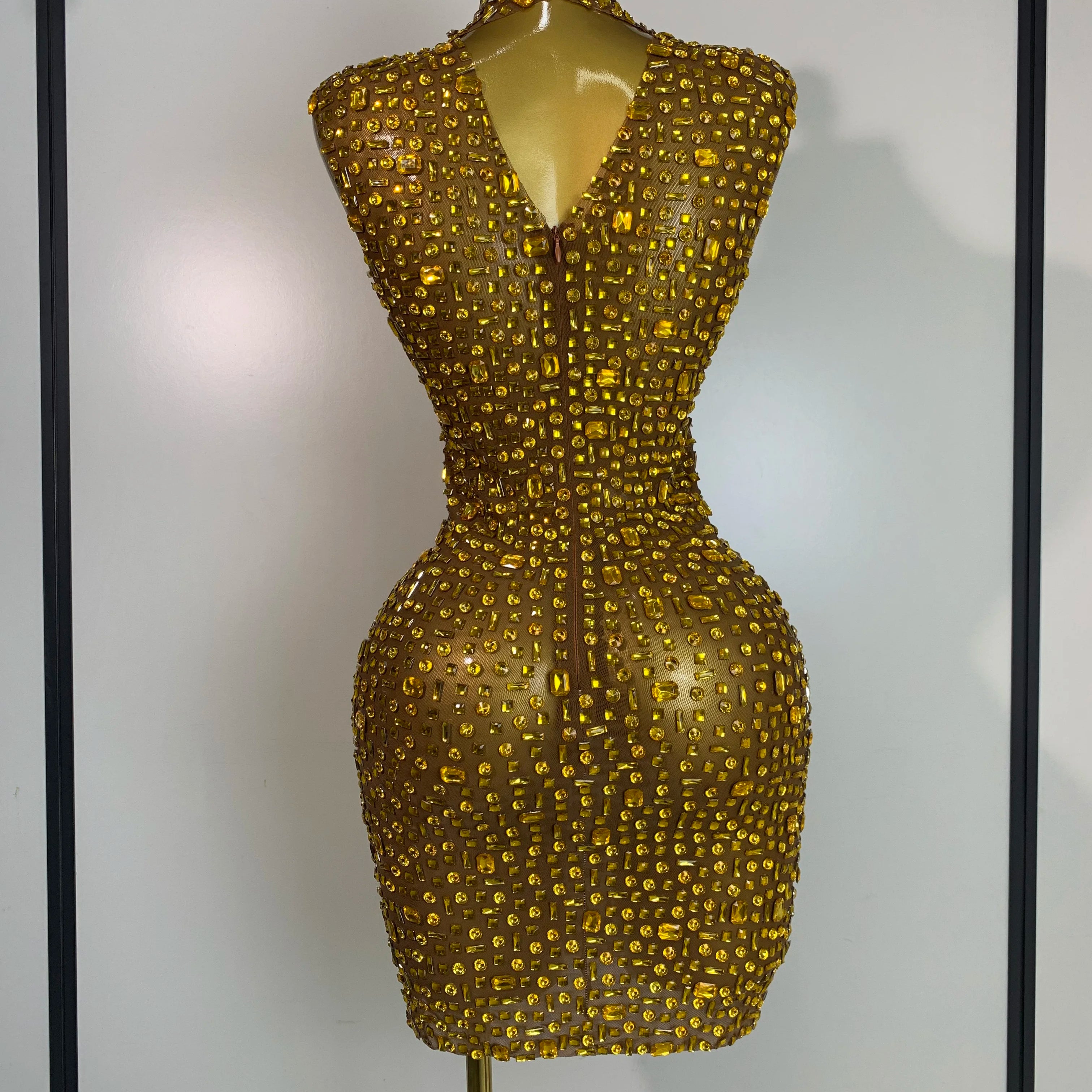 Women Luxury Gold Rhinestone Sexy Mesh Short Dress Sparkly Stage Costume Elegant Party Birthday  Dresses Nightclub Singer Outf