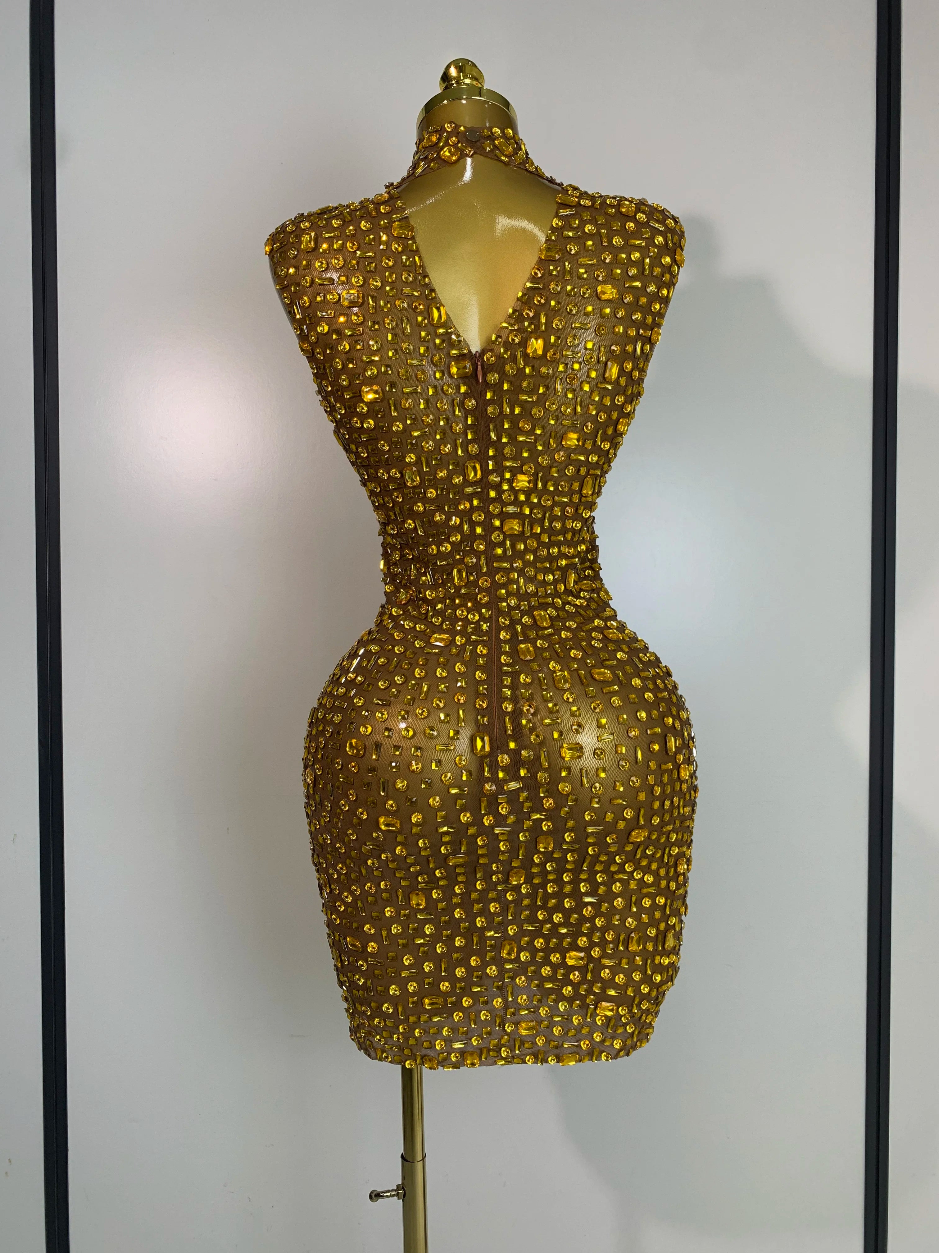 Women Luxury Gold Rhinestone Sexy Mesh Short Dress Sparkly Stage Costume Elegant Party Birthday  Dresses Nightclub Singer Outf