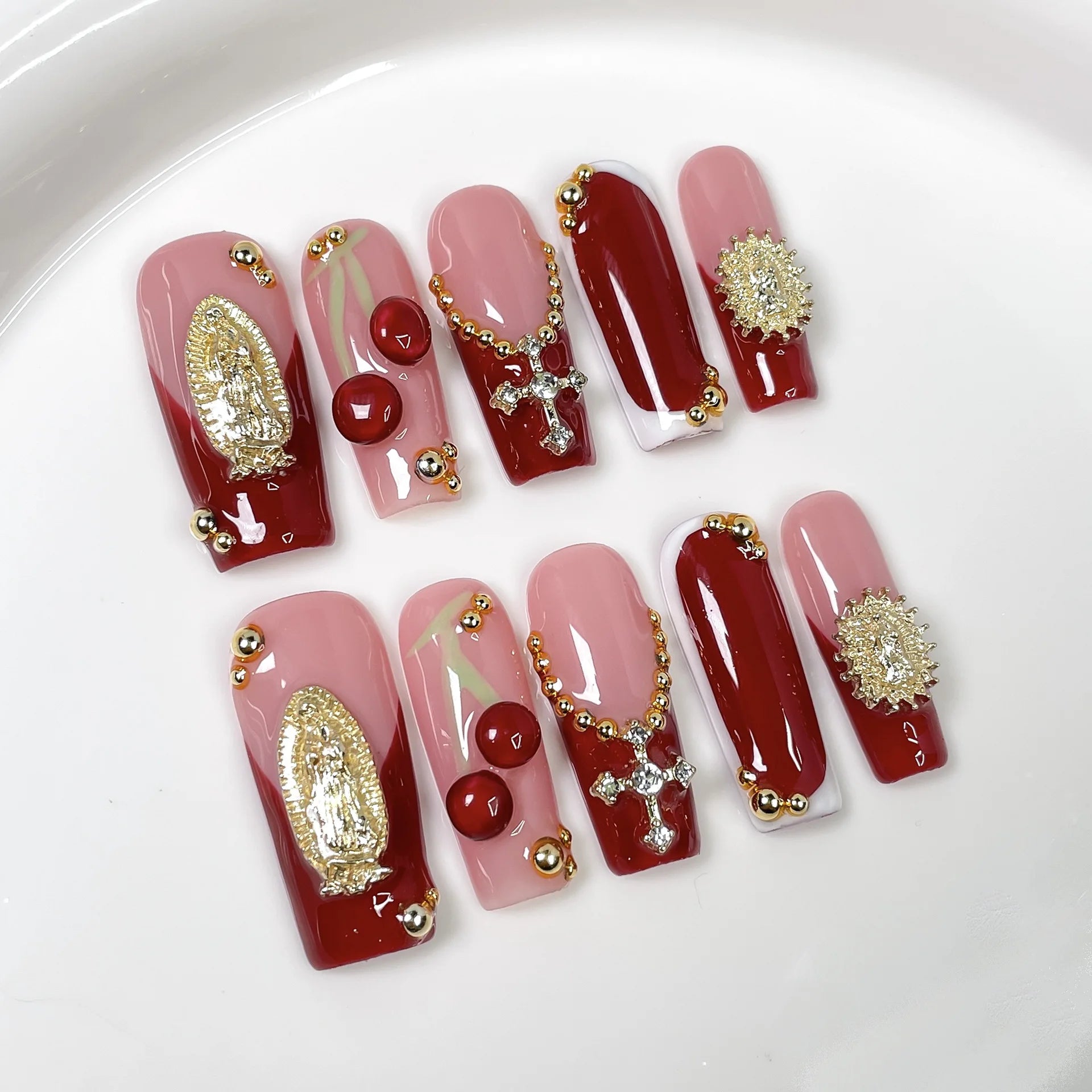 10Pcs Wine Red French Coffin Long Press on Nails Light Luxury Maximalism Golden Baroque Designs Stick on Retro Nails Detachable