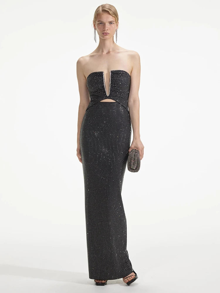 VC Strapless V Neck Sparkling Diamonds Bandage Long Dress Women Black Sleeveless Backless Shiny Bodycon Celebrity Evening Gowns