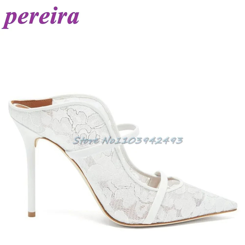 White Mesh Print Heeled Sandals Pointed Toe Strappy High Heels Women Luxury Designer Shoes Wedding Pull On Sandalias De Mujer