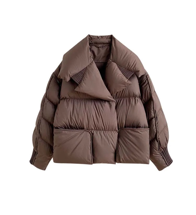 Luxury Design pockets zipper cropped down jacket for women Winter Warm Knit patchwork puffer coat Oversize INKEO DJ054 Brown