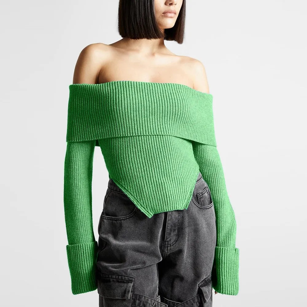 Solid Temperament Sweaters For Women Slash Neck Long Sleeve Tunic Irregular Minimalist Sweater Female Fashion Style