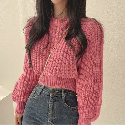 Vintage Harajuku Lantern Long Sleeve Women Sweater Casual Korean Autumn Winter Knitwear Soft Warm Tops Chic Solid Femme Sweater Pink One Size