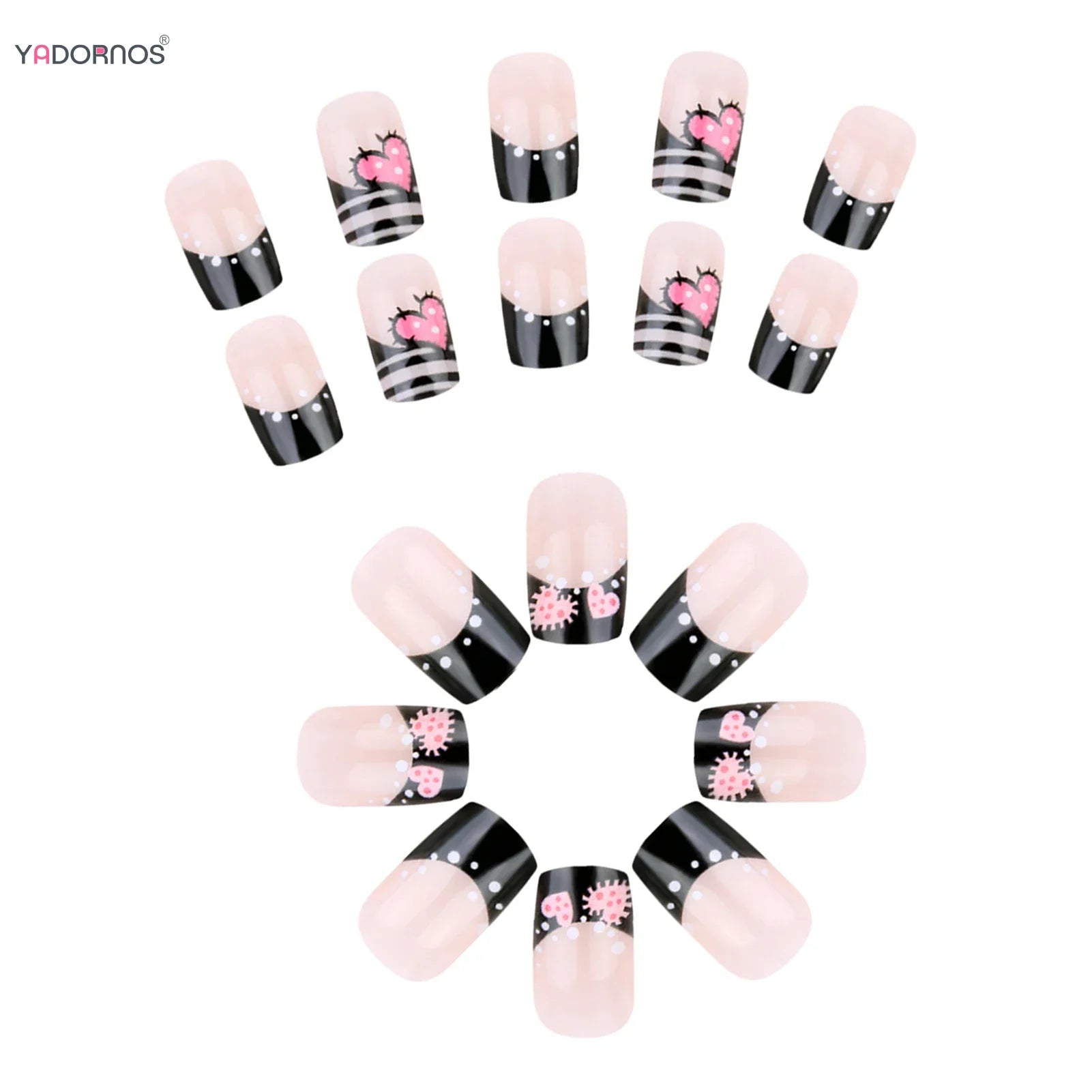 Y2K Girls Black French Fake Nails 24Pcs Short Square Press On Nails Pink Love Heart/Dot Printed Valentine's Day Charm Manicure