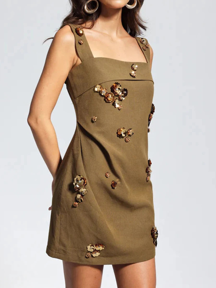 TWOTWINSTYLE Solid Slimming Fashion Mini Dresses for Women Square Neck Sleeveless Patchwork Sequins Temperament Dress Female New