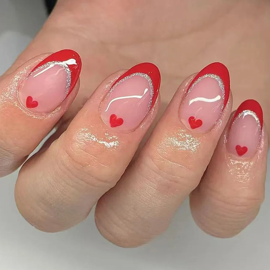 24Pcs Simple Glitter False Nails with Glue Short Oval Almond Fake Nails Yellow Crescent Full Cover Nail Tips Art Press on Nails