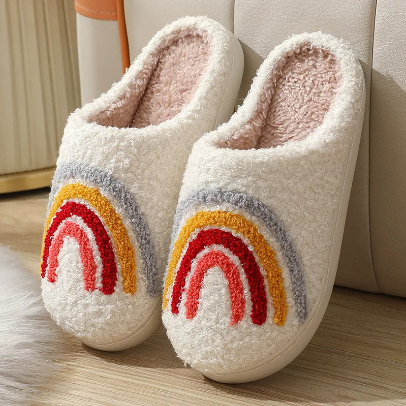 Popular Colorful Rainbow Plush Slippers for Women Cartoon Cute Smiling Face and Heart Design caihong