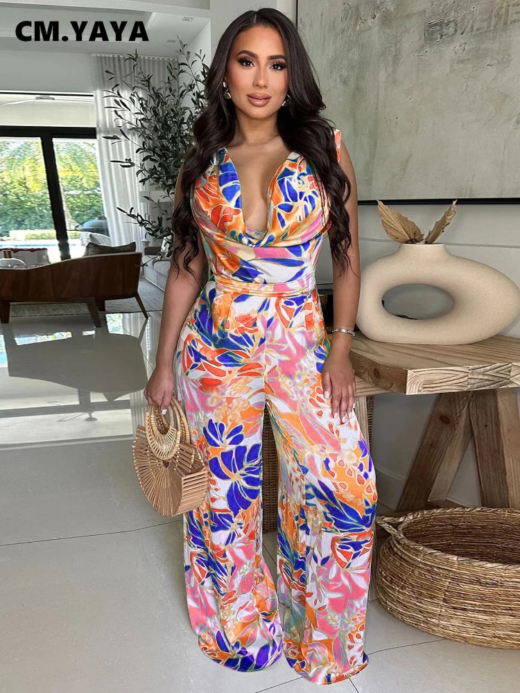 CM.YAYA Leaf Printed Women Wide Leg Pile Neck Sleeveless Satin Jumpsuits 2025 Summer Beach Club Playsuit One Piece Suit Romper