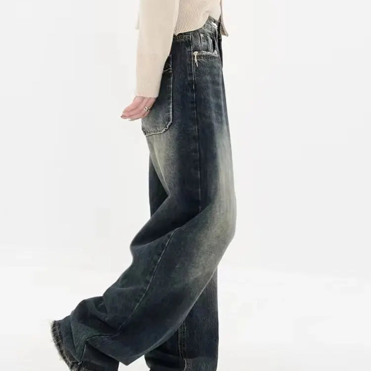 Women's Harajuku Style Loose Wide Leg Jeans Autumn Winter Street Fashion Retro Straight Loose Denim Trousers