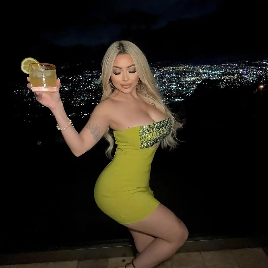 Nova chegada 2025 Mulheres Sexy Sem Alças Brilhante Cristal Bodycon Mini Vestido Bandage Boate Festa Roupa Da Moda