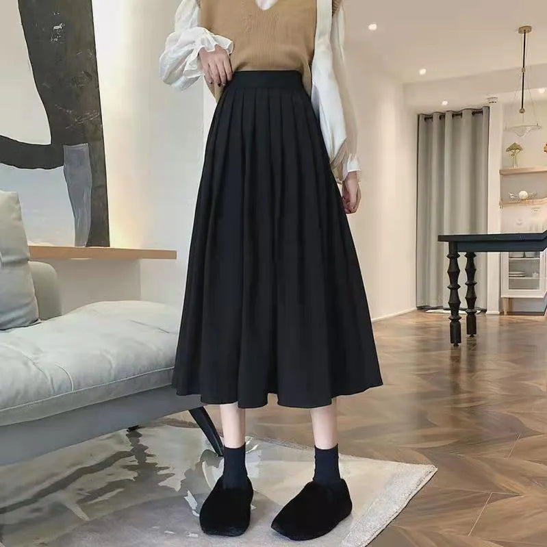 Vintage Brown High Waist Pleated Skirt Women Korean Fashion College Style Long Skirt Ladies Autumn Casual A line Skirts black