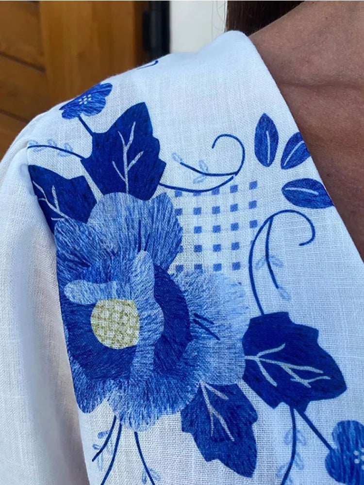 Elegant Flower Print Short Puff Sleeve Shirt Women Fashion Loose V Neck Lace Up Ruffles Blouse Spring Summer Female Streetwear