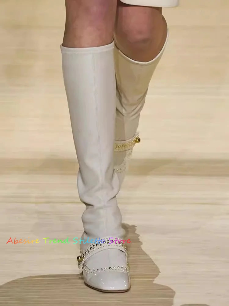 White Retro Studded Knee High Boots for Women New High Tube Thick Heels Back Zipper Elastic Slim Boots Black Knight Boots 4