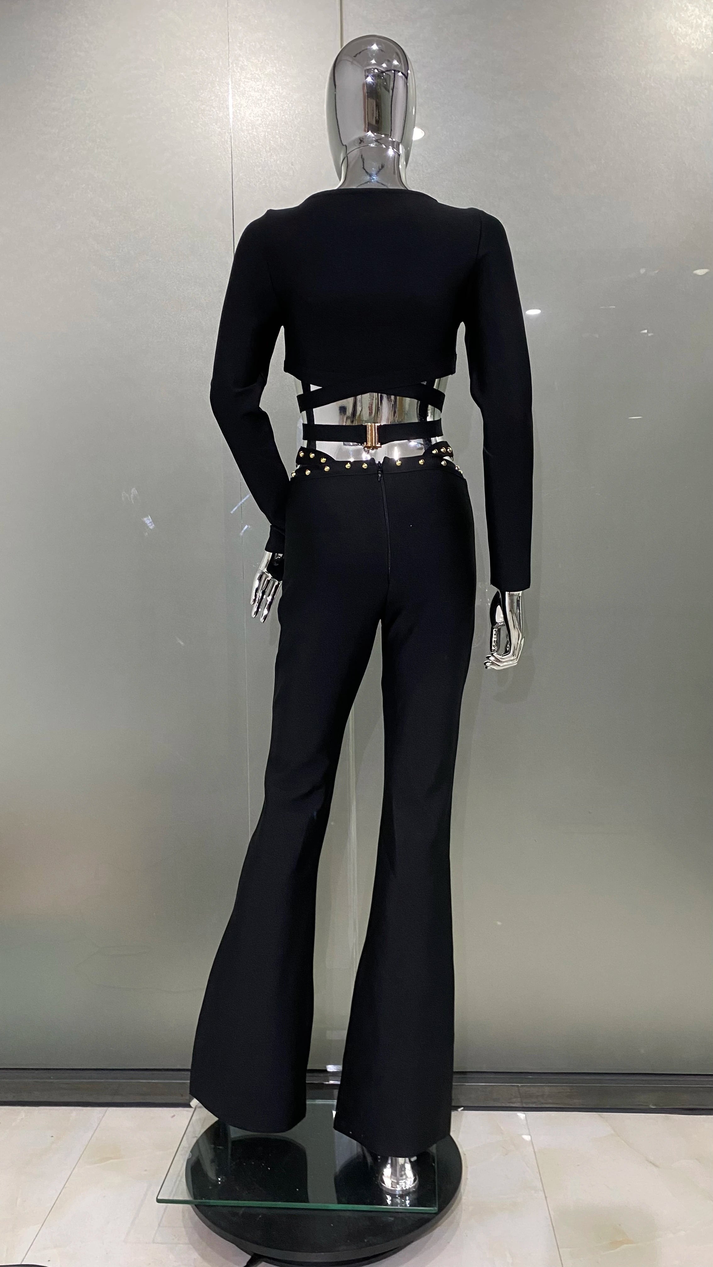 Stylish Res Bandage Woman Set Diamond Chains Backless Halter Cropped top And Waist Chain Flare Pants 2 Pieces Club Party Outfit