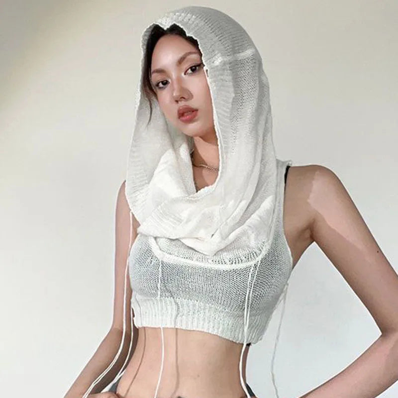 Knitted Y2k Hooded Crop Top Women Summer Sleeveless Off Shoulder T Shirt Top Hooded Tee Street Wear Fashion White Yuqung