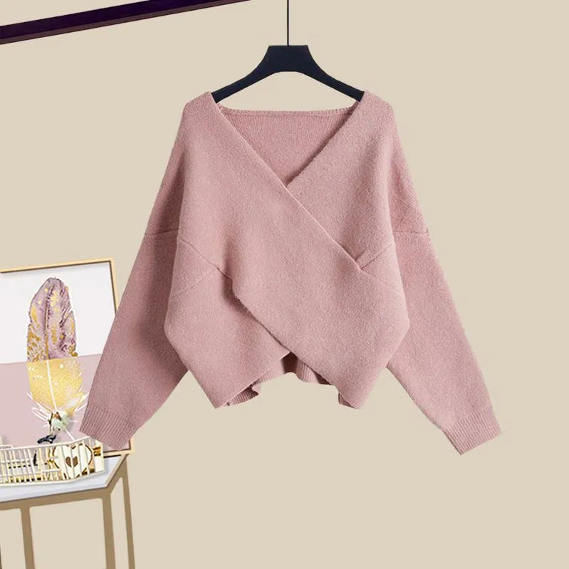 Autumn and Winter Set Women's New Korean Version Slim Cross Sweater Strap Fishtail Skirt Two Piece Set Fashion Pink sweater