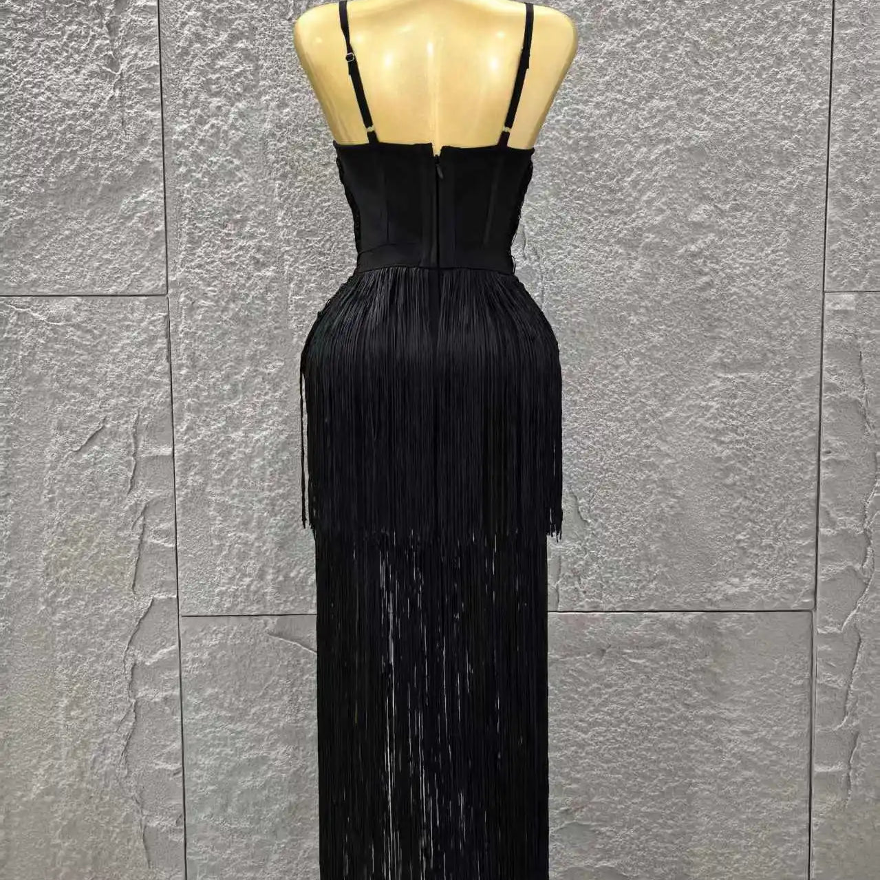 Vestido longo preto sem mangas feminino, sexy, com decote em V, com borlas, justo, bandagem, para festa noturna, coquetel