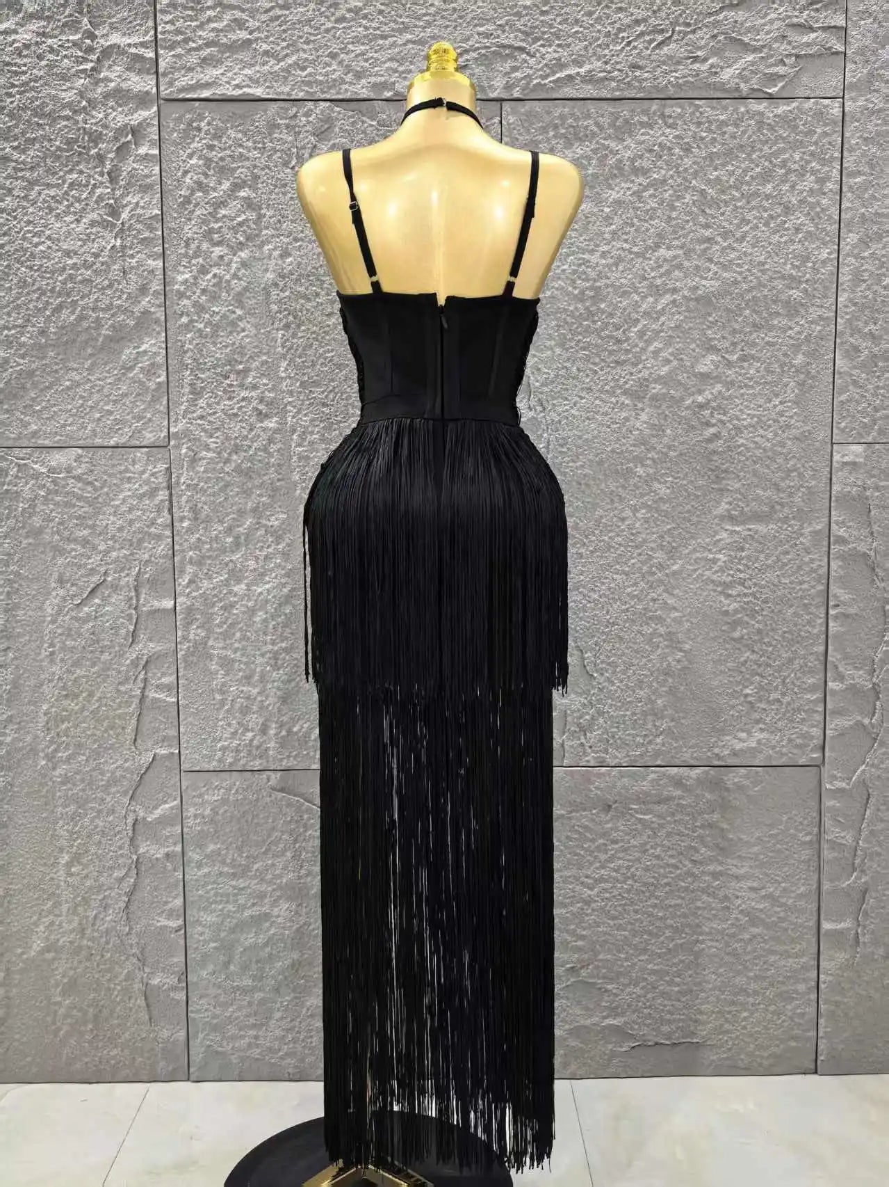 Vestido longo preto sem mangas feminino, sexy, com decote em V, com borlas, justo, bandagem, para festa noturna, coquetel