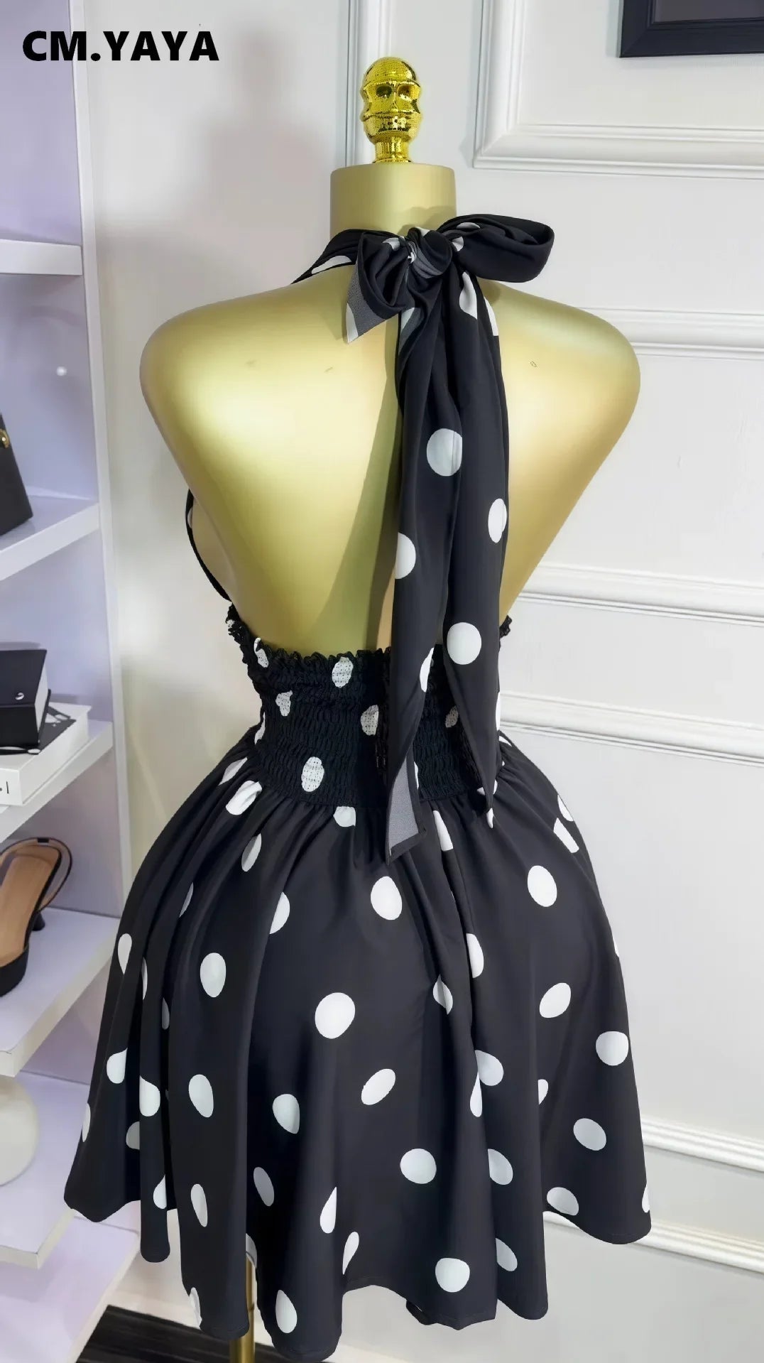 CM.YAYA Women Dot Printed Sleeveless Halter V-neck Big Swing A-line Mini Dress 2025 Summer Vacation Sexy Party Evening Dresses