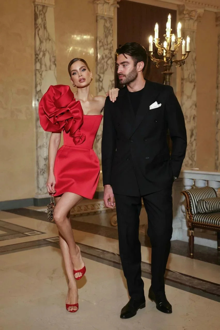 Red Color Women Sexy Big Florals Bodycon Mini Bandage Dress Fashion Christmas Valentine's Day Celebrate Party Outfit