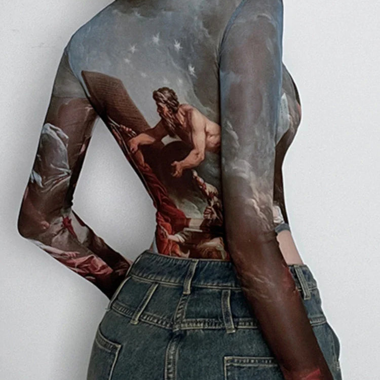Vintage Print Sexy Bodysuit Lingerie See Through Gauze Lenceria Tranparente Long Sleeve Body Feminino Square Collar Bustier Tops
