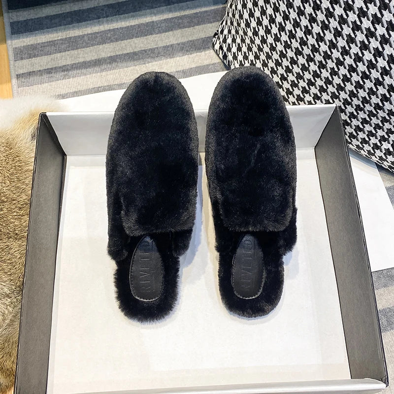 women's plush flat slippers Winter Home and Outdoor Shoes Fashionable fur warm design work and office mules Large size 41-44