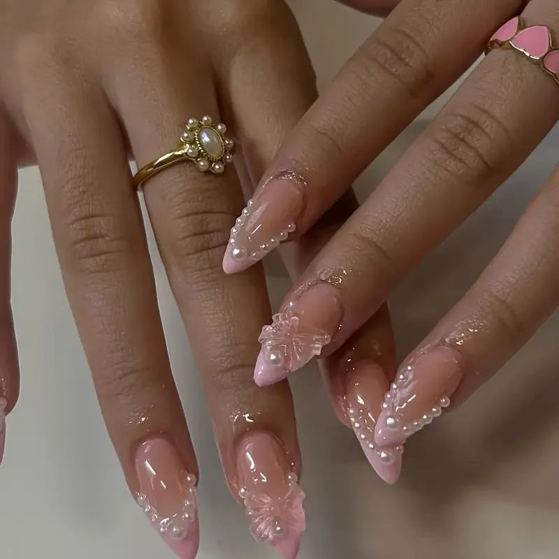 24Pcs Mid-length Brown French Almond Nails Set Press on White Dot Detachable False Nails 3D Bow Pearl Full Cover Fake Nails Tips