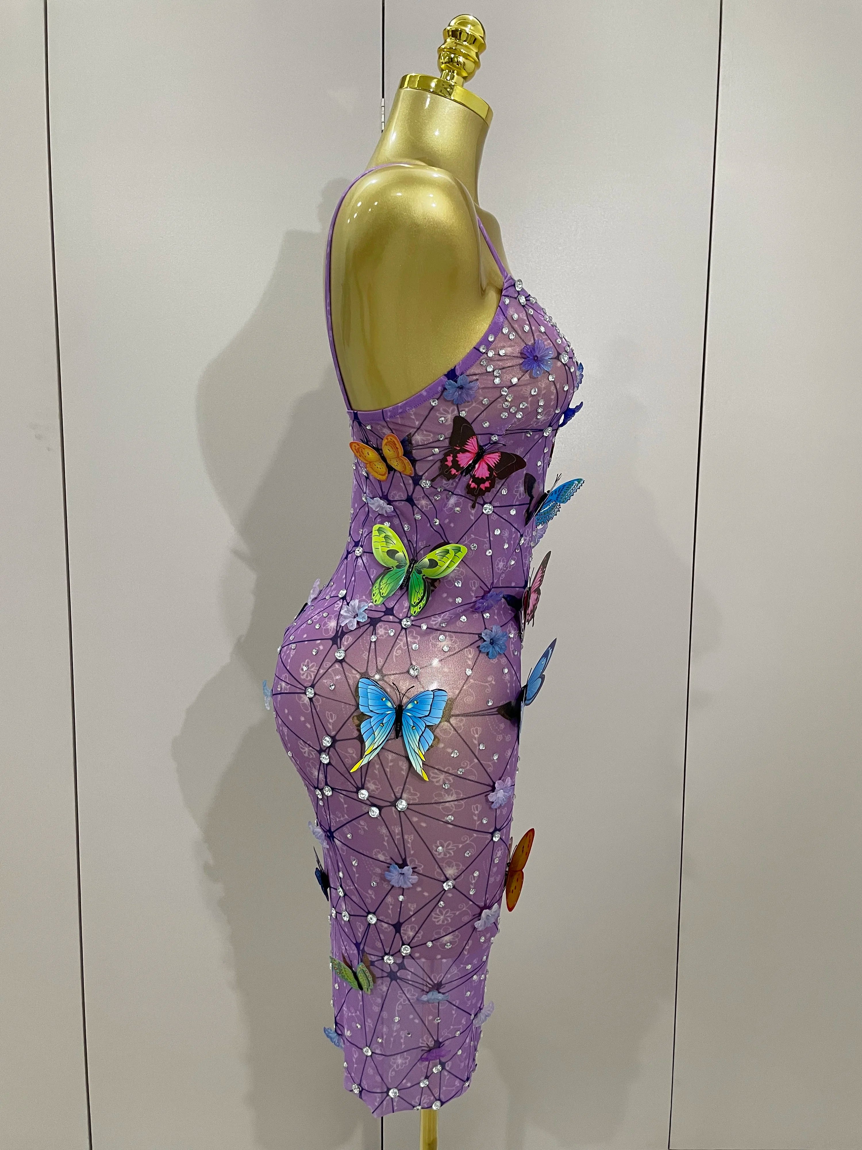 Women Celebrity Luxury Birthday Nightclub Stage Outfit 2025 New Arrival Sparkly Butterfly Purple Sexy Mesh See Through Dress
